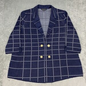 Ming Wang‎ Jacket 1X Blue Heritage Fit Dashed Windowpane Open Knit Gold Buttons
